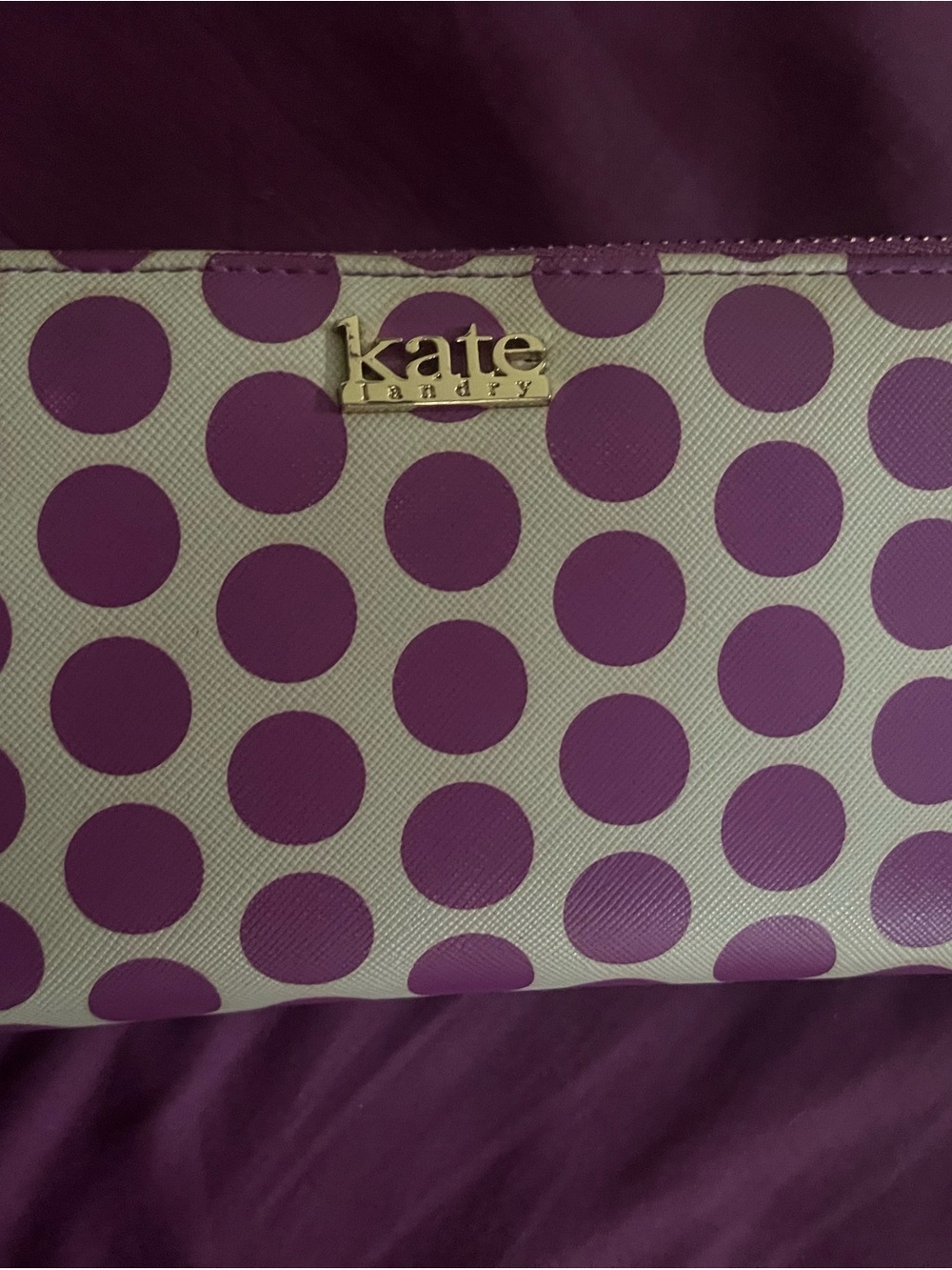 Kate Landry Purple and White Polka Dot long zip around wallet